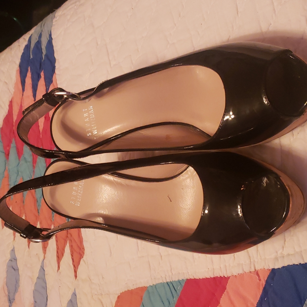 Stuart Weitzman Rivera Jean 9m works for 8-8.5 and black patent peep toe wedges